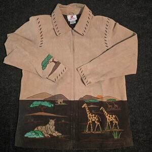 Tan and brown 100% leather jacket with embroidered animals